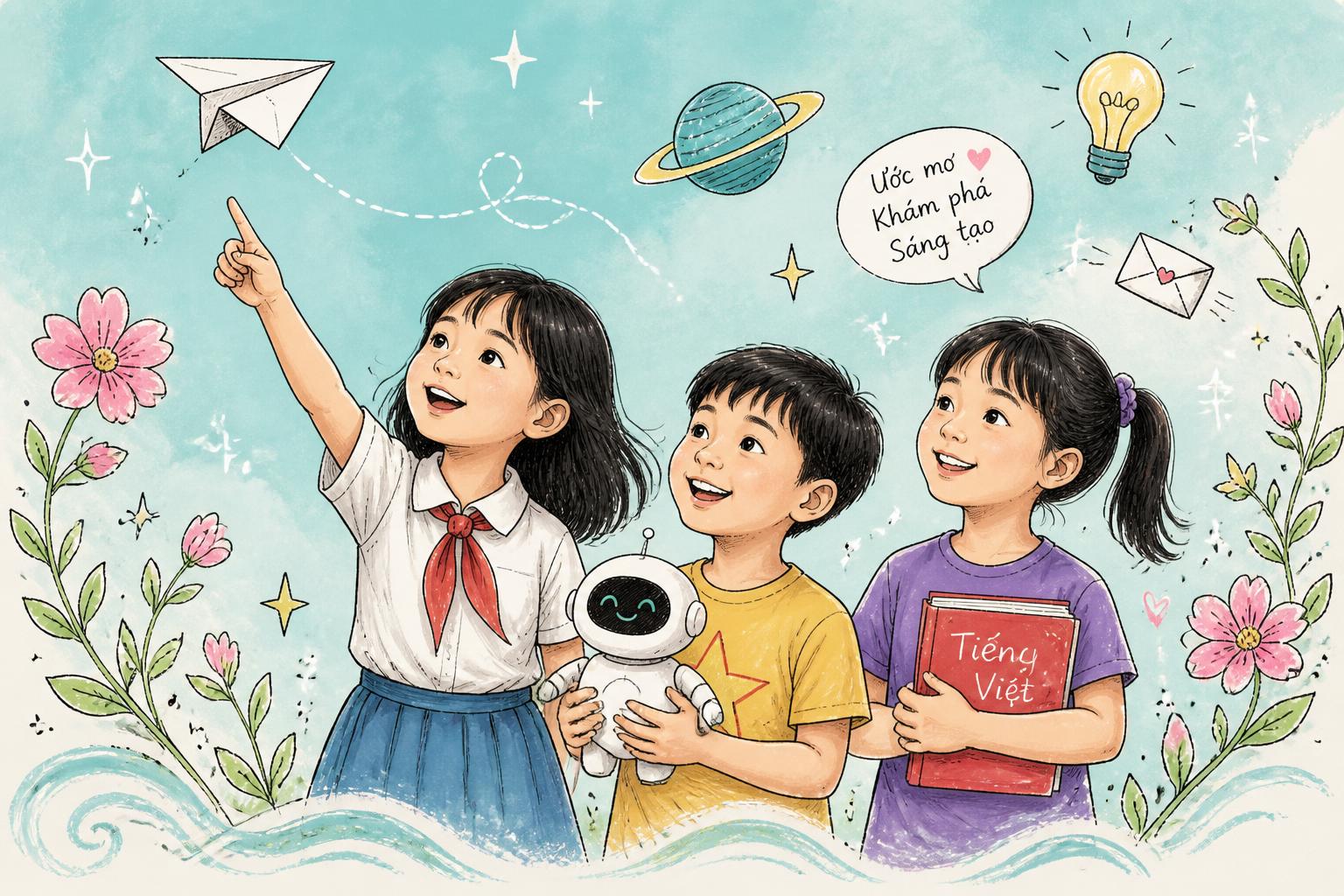 Ba bạn nhỏ cùng robot AI